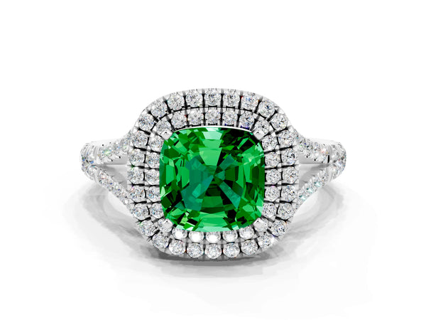 Silver Cushion Cut Emerald Double Halo Ring with Split Shank and Prong Setting