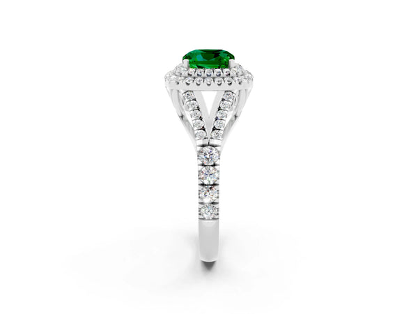 Platinum Cushion Cut Emerald Double Halo Ring with Split Shank and Prong Setting