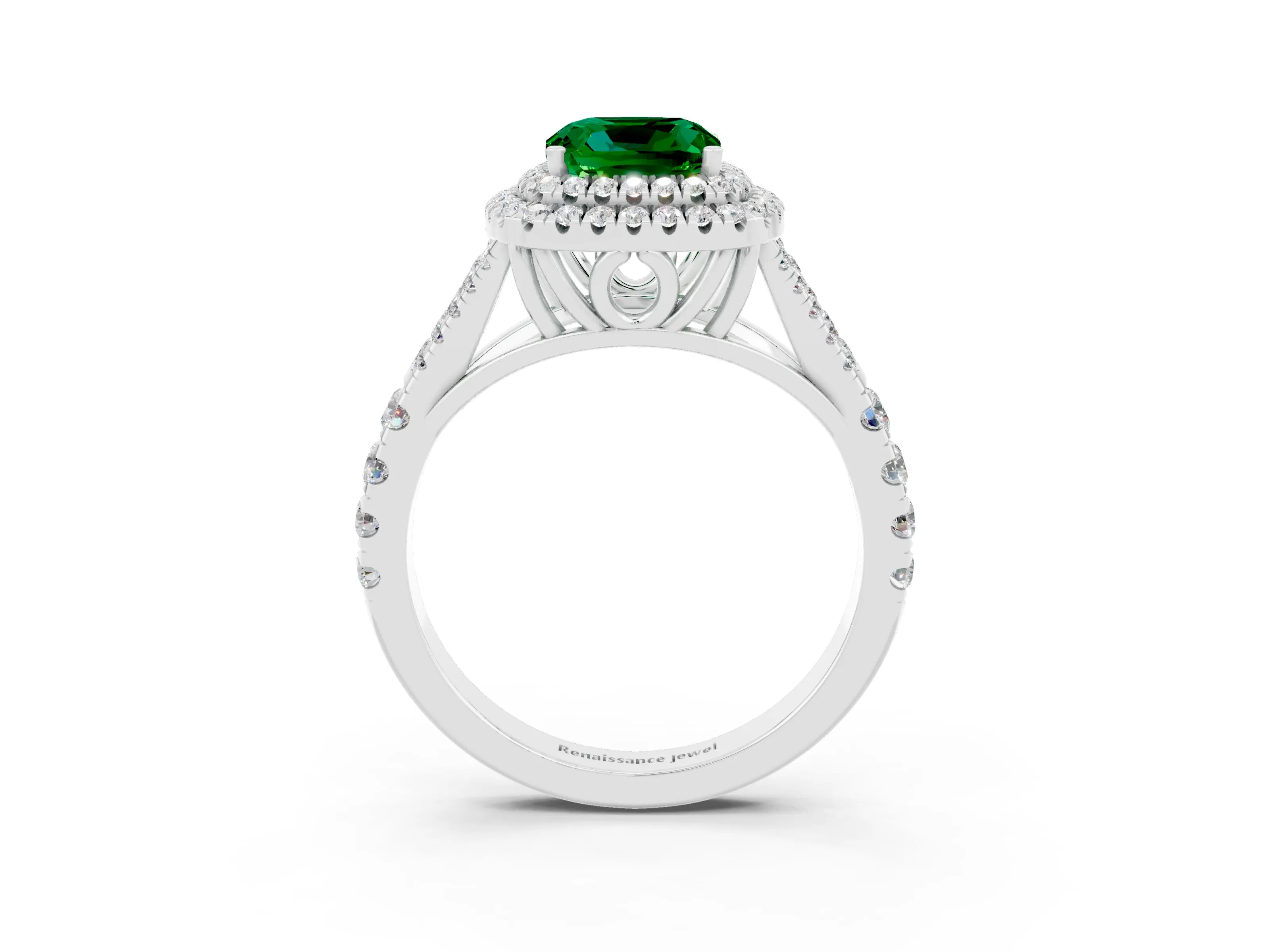 White gold Cushion Cut Emerald Double Halo Ring with Split Shank and Prong Setting_15