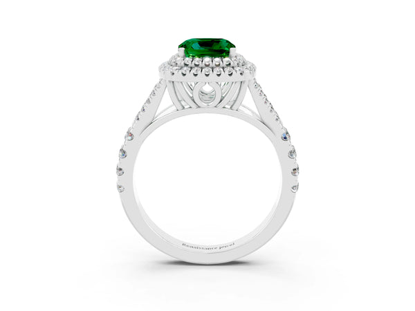 Platinum Cushion Cut Emerald Double Halo Ring with Split Shank and Prong Setting