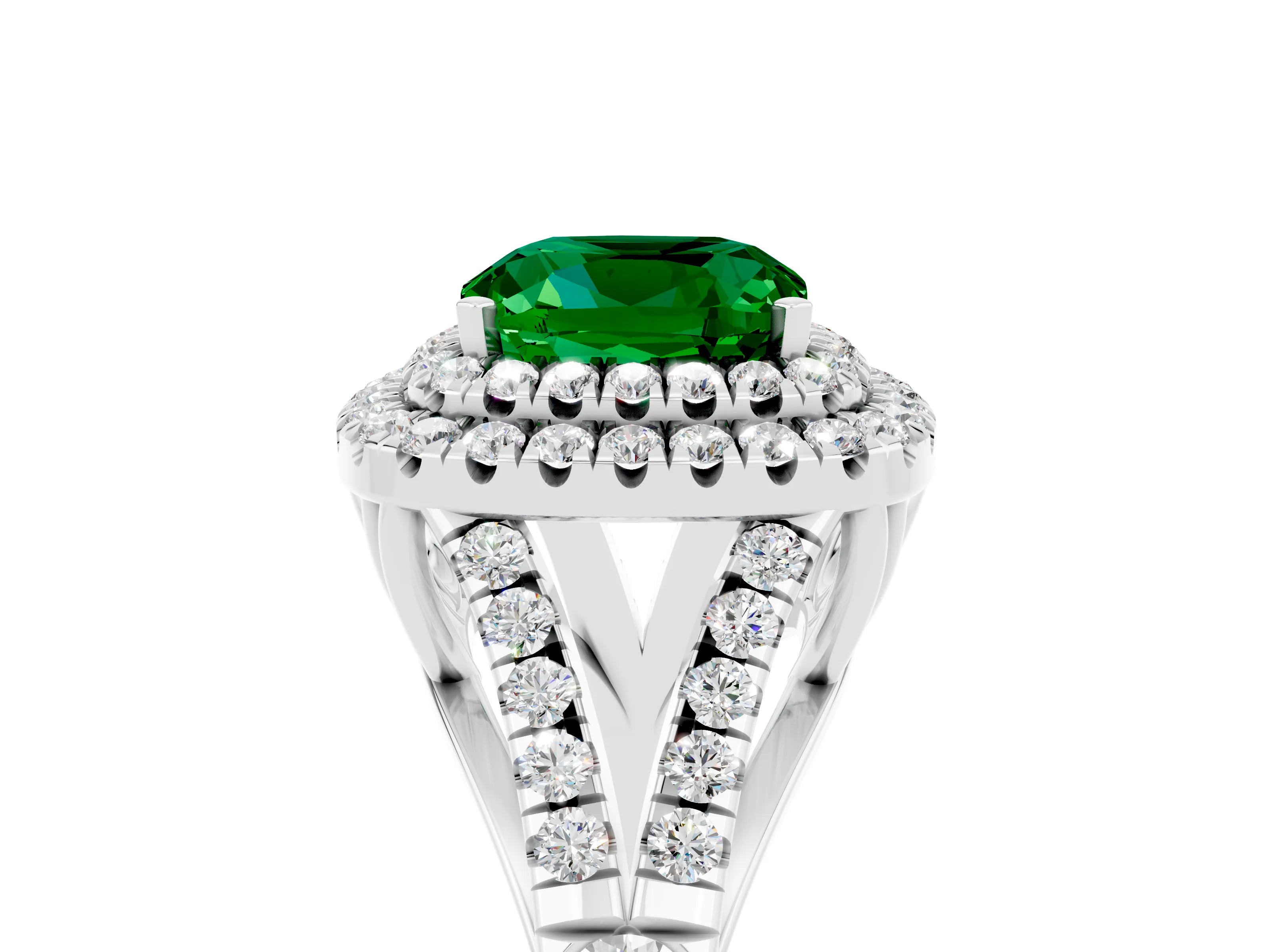White gold Cushion Cut Emerald Double Halo Ring with Split Shank and Prong Setting_17
