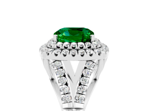 White gold Cushion Cut Emerald Double Halo Ring with Split Shank and Prong Setting_17