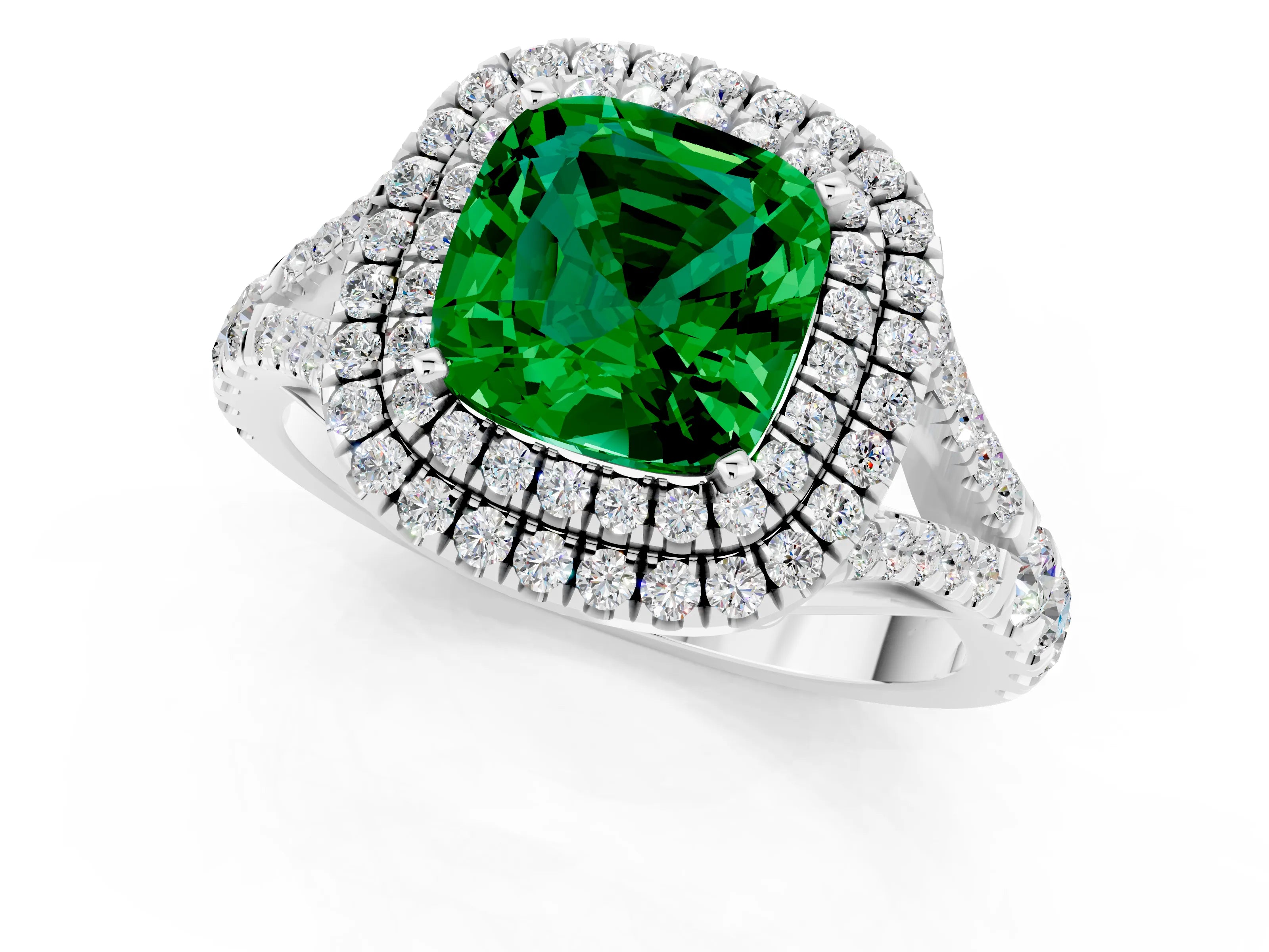 White gold Cushion Cut Emerald Double Halo Ring with Split Shank and Prong Setting_25