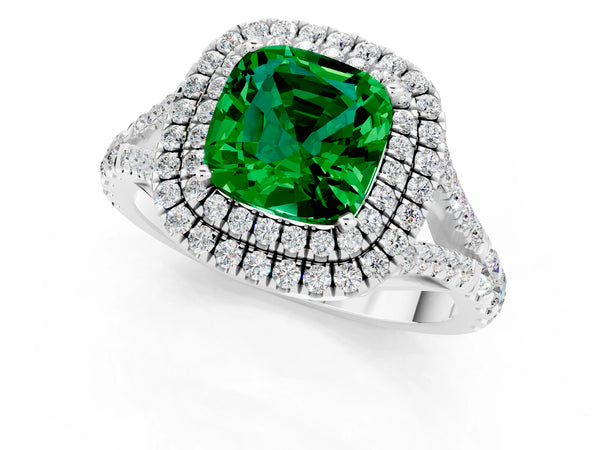 White gold Cushion Cut Emerald Double Halo Ring with Split Shank and Prong Setting