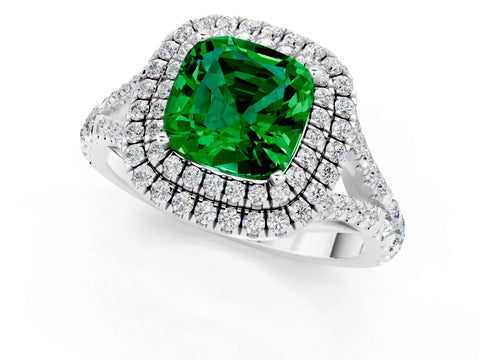 White gold Cushion Cut Emerald Double Halo Ring with Split Shank and Prong Setting_25