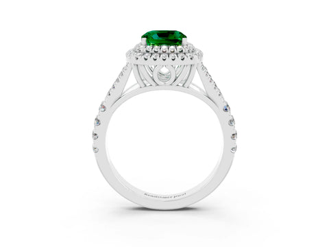 White gold Cushion Cut Emerald Double Halo Ring with Split Shank and Prong Setting_27