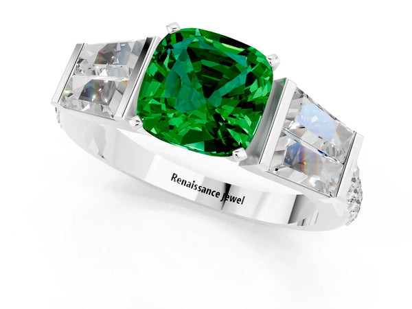 Platinum Cushion Cut Emerald Engagement Ring with Baguette Side Stones and Channel Set Band