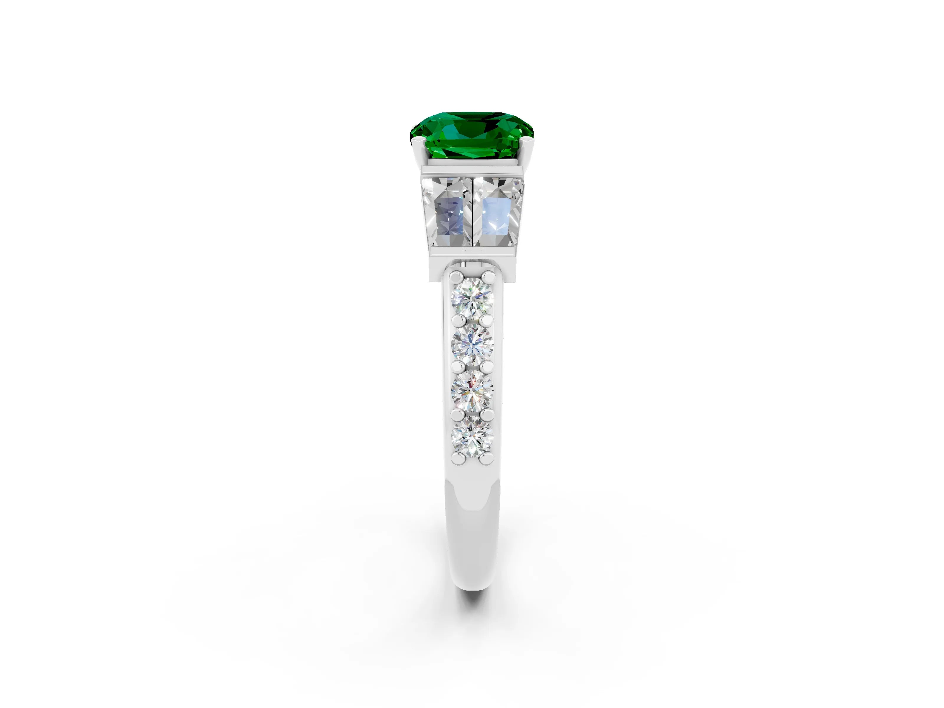 White gold Cushion Cut Emerald Engagement Ring with Baguette Side Stones and Channel Set Band_2