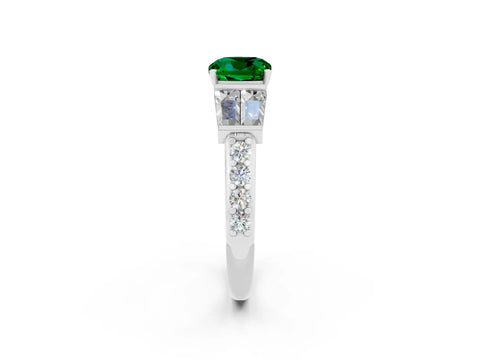 White gold Cushion Cut Emerald Engagement Ring with Baguette Side Stones and Channel Set Band_2