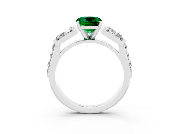 Silver Cushion Cut Emerald Engagement Ring with Baguette Side Stones and Channel Set Band