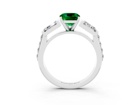 White gold Cushion Cut Emerald Engagement Ring with Baguette Side Stones and Channel Set Band_3