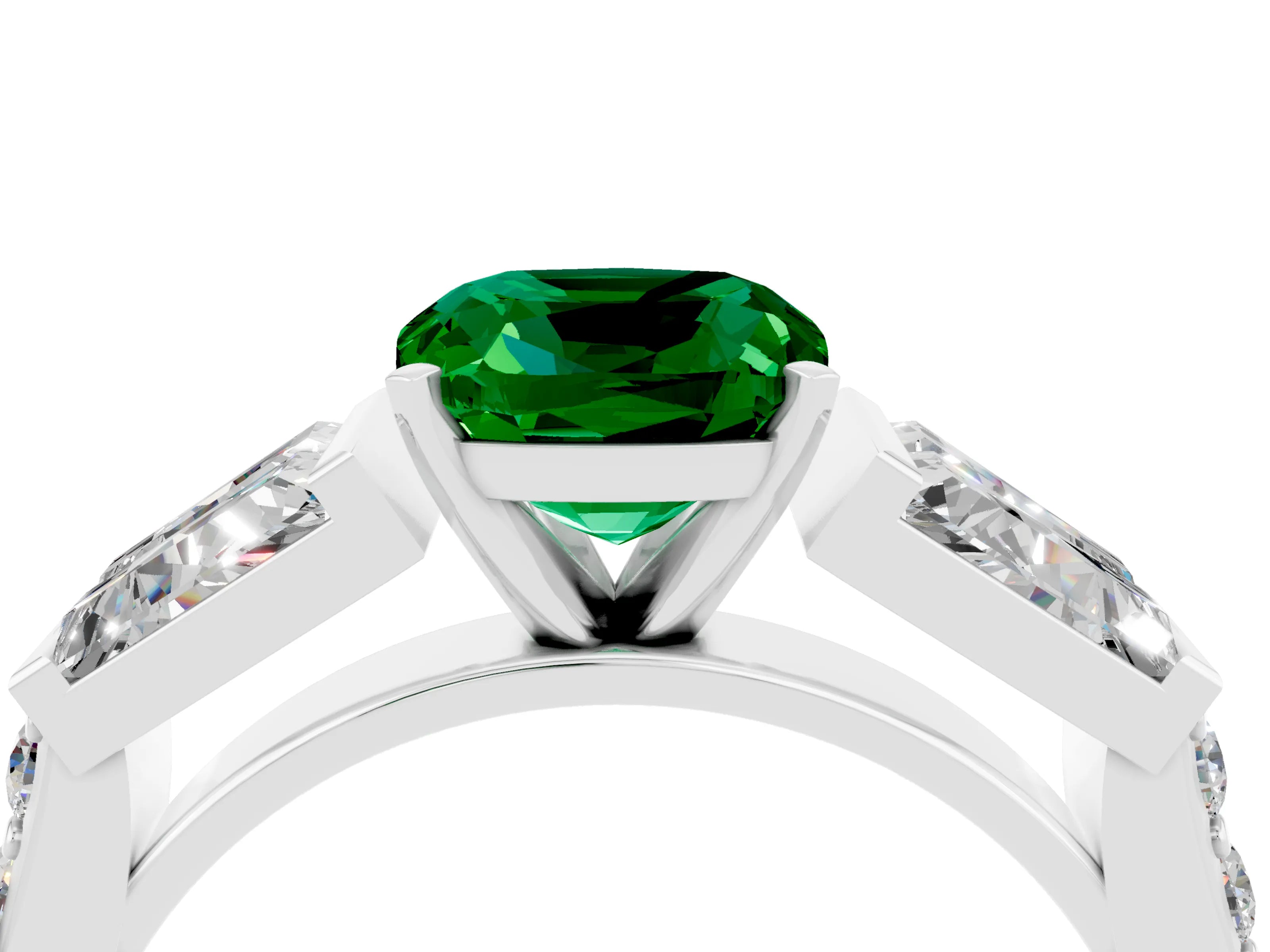 White gold Cushion Cut Emerald Engagement Ring with Baguette Side Stones and Channel Set Band_4