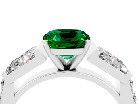 White gold Cushion Cut Emerald Engagement Ring with Baguette Side Stones and Channel Set Band_4