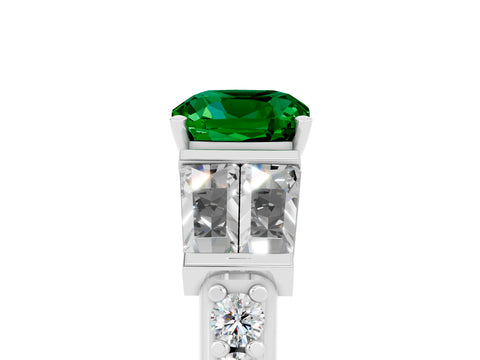 White gold Cushion Cut Emerald Engagement Ring with Baguette Side Stones and Channel Set Band_5