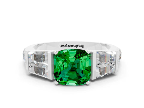White gold Cushion Cut Emerald Engagement Ring with Baguette Side Stones and Channel Set Band