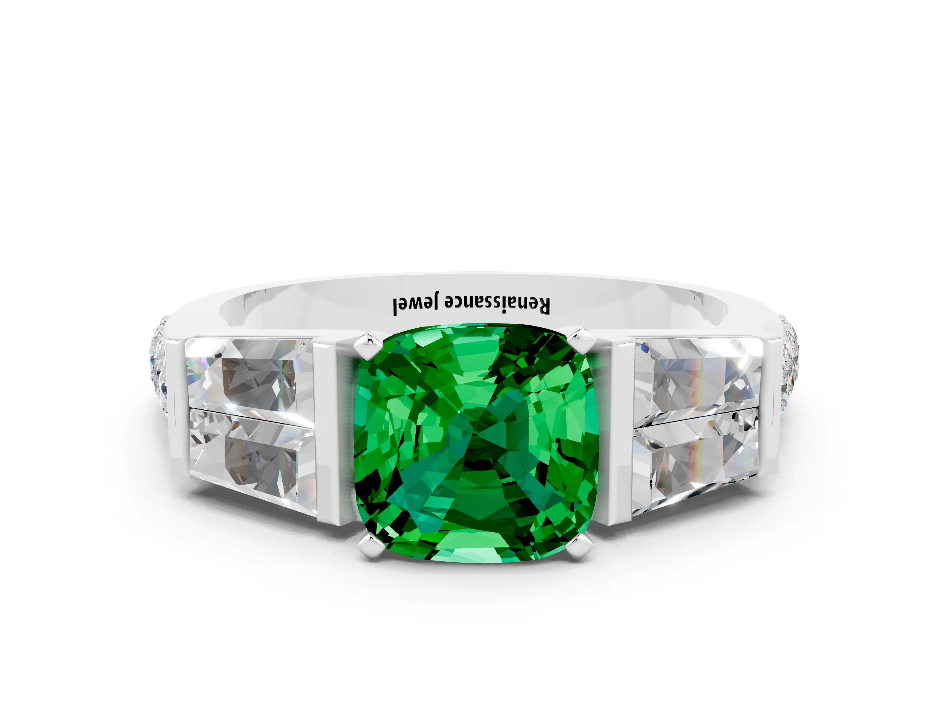 White gold Cushion Cut Emerald Engagement Ring with Baguette Side Stones and Channel Set Band