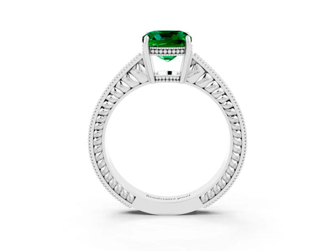 White gold Cushion Cut Emerald Engagement Ring with Milgrain Channel Set Band and Prong Setting_3