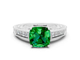 White gold Cushion Cut Emerald Engagement Ring with Milgrain Channel Set Band and Prong Setting