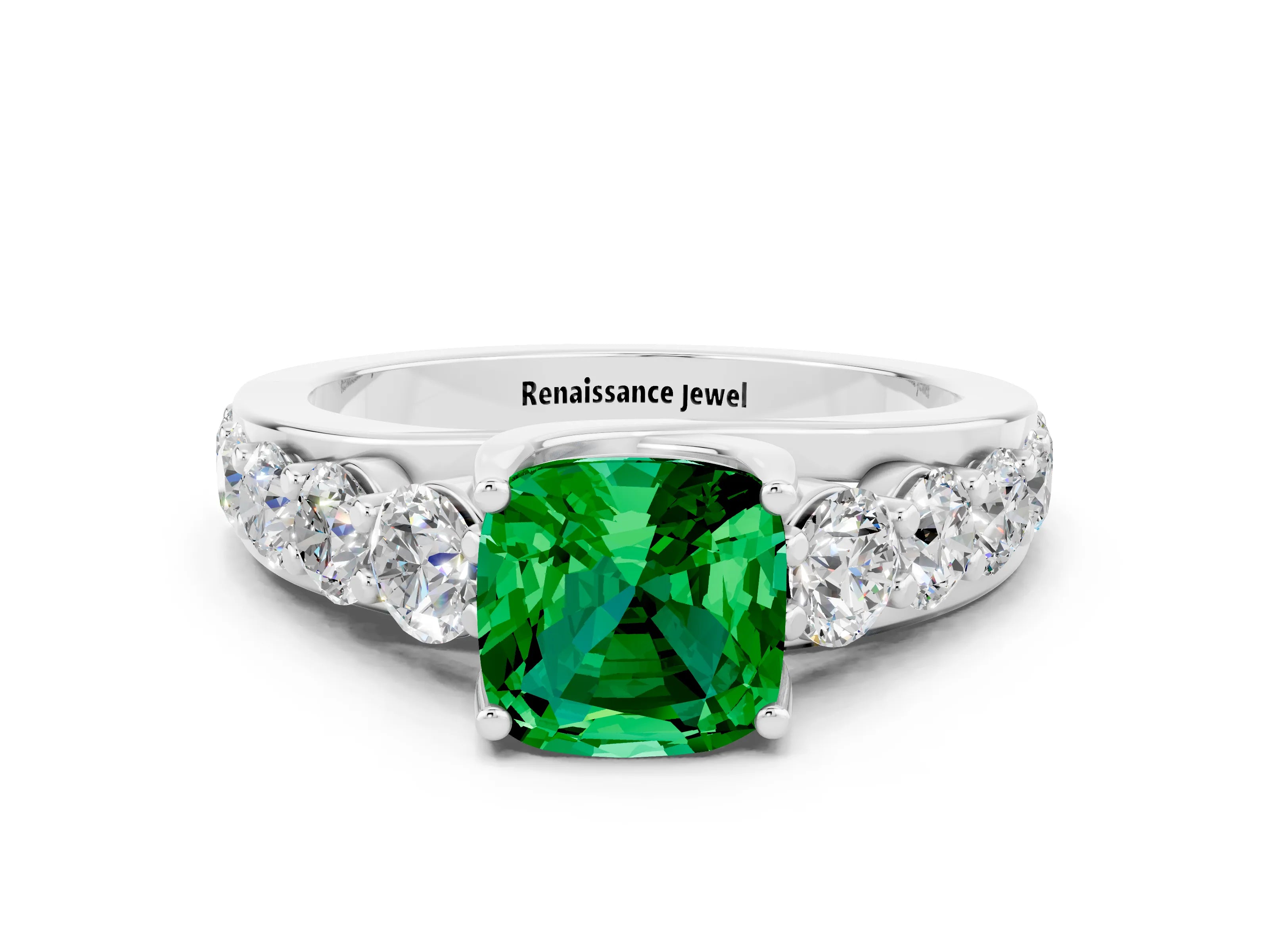 White gold Cushion Cut Emerald Engagement Ring with Pavé Band and Four-Prong Setting