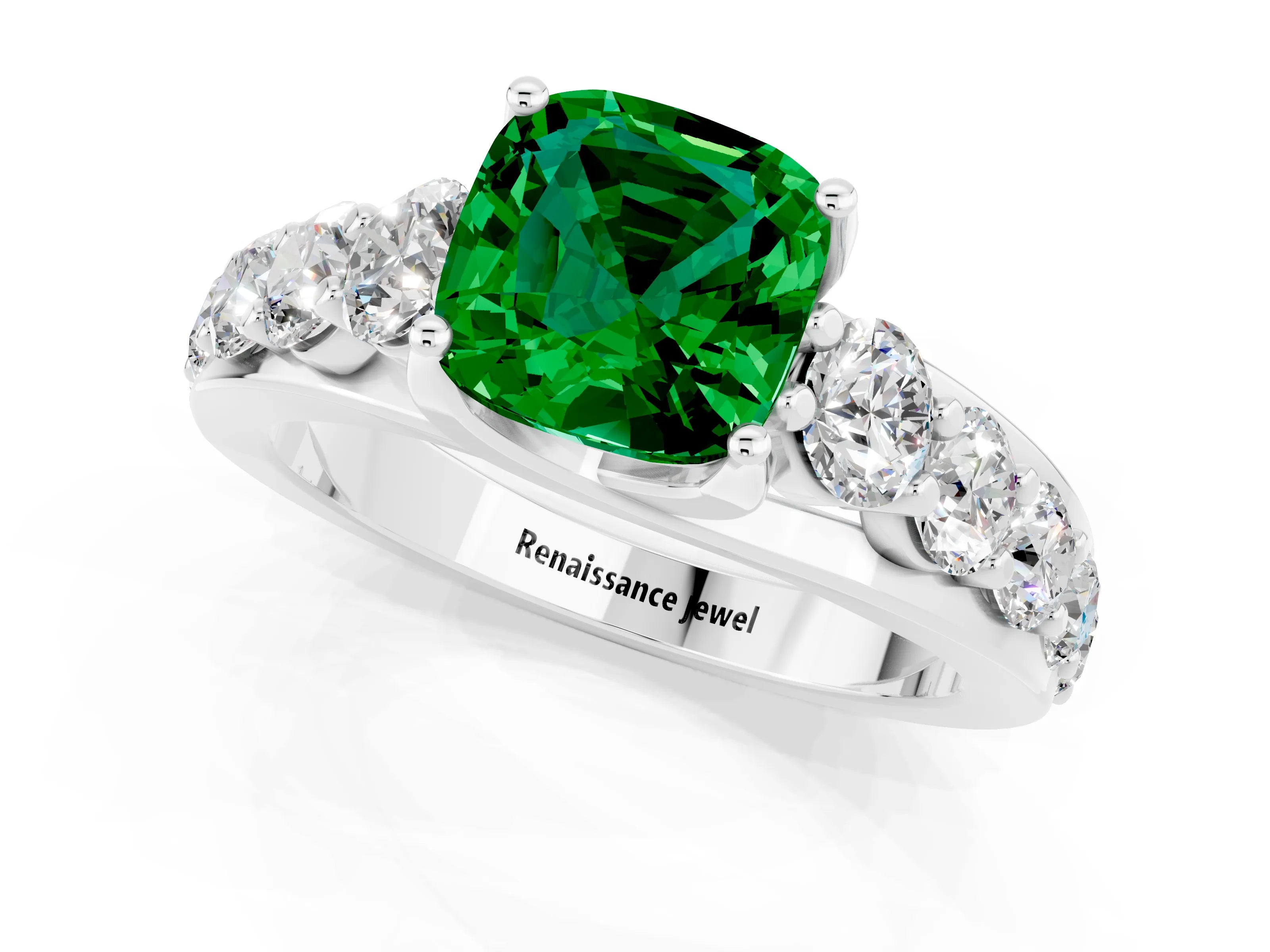 White gold Cushion Cut Emerald Engagement Ring with Pavé Band and Four-Prong Setting_1