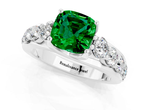 White gold Cushion Cut Emerald Engagement Ring with Pavé Band and Four-Prong Setting_1