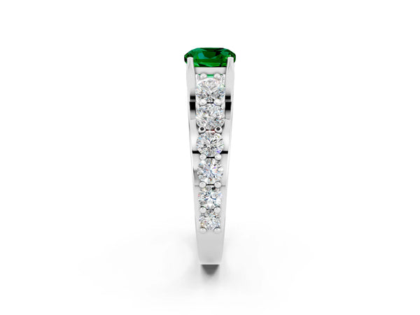 White gold Cushion Cut Emerald Engagement Ring with Pavé Band and Four-Prong Setting