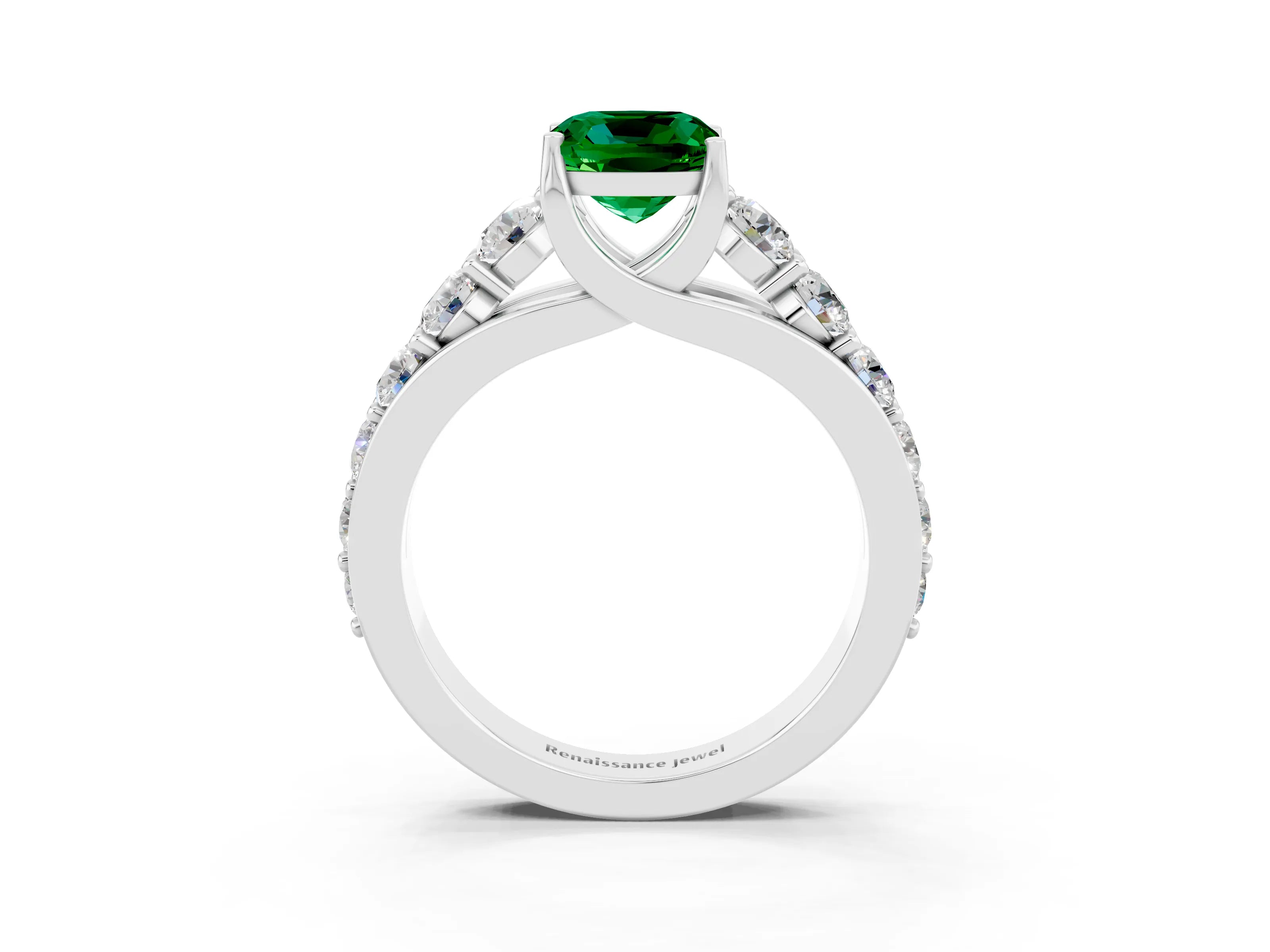 White gold Cushion Cut Emerald Engagement Ring with Pavé Band and Four-Prong Setting_3