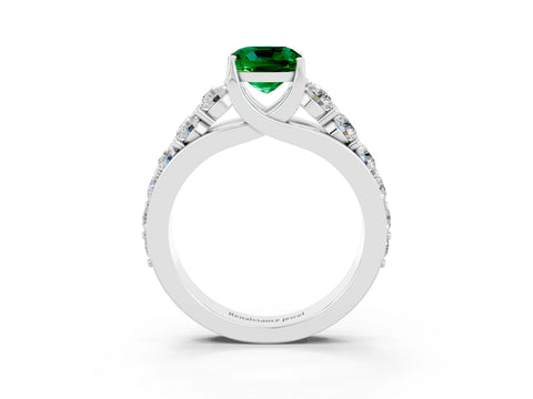 White gold Cushion Cut Emerald Engagement Ring with Pavé Band and Four-Prong Setting_3