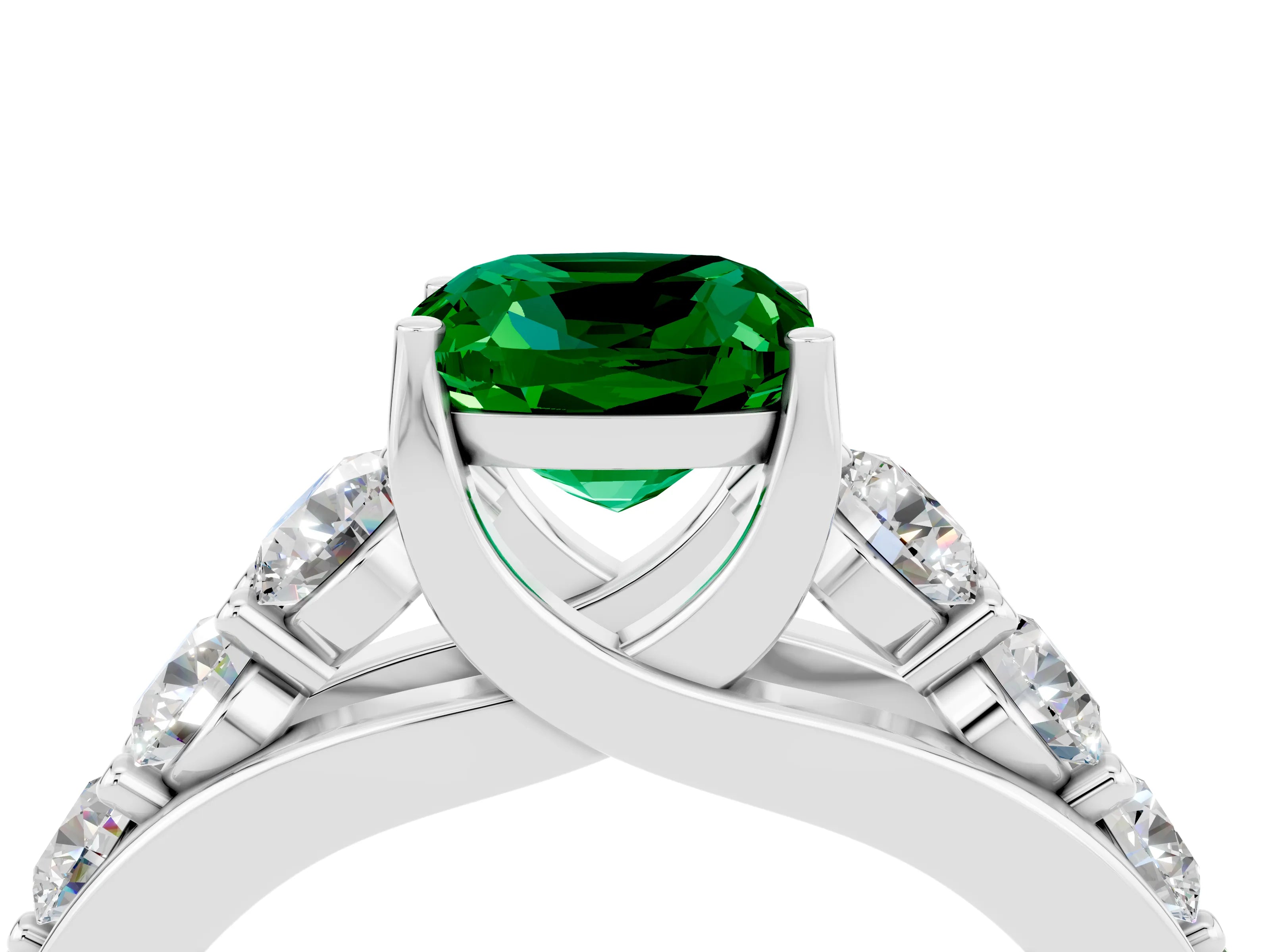 White gold Cushion Cut Emerald Engagement Ring with Pavé Band and Four-Prong Setting_4