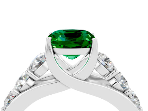 White gold Cushion Cut Emerald Engagement Ring with Pavé Band and Four-Prong Setting_4