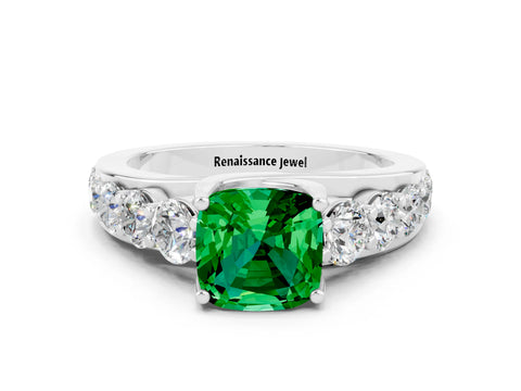 White gold Cushion Cut Emerald Engagement Ring with Pavé Band and Four-Prong Setting