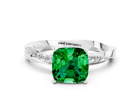 White gold Cushion Cut Emerald Engagement Ring with Side Stone Accents and Four-Prong Setting_39