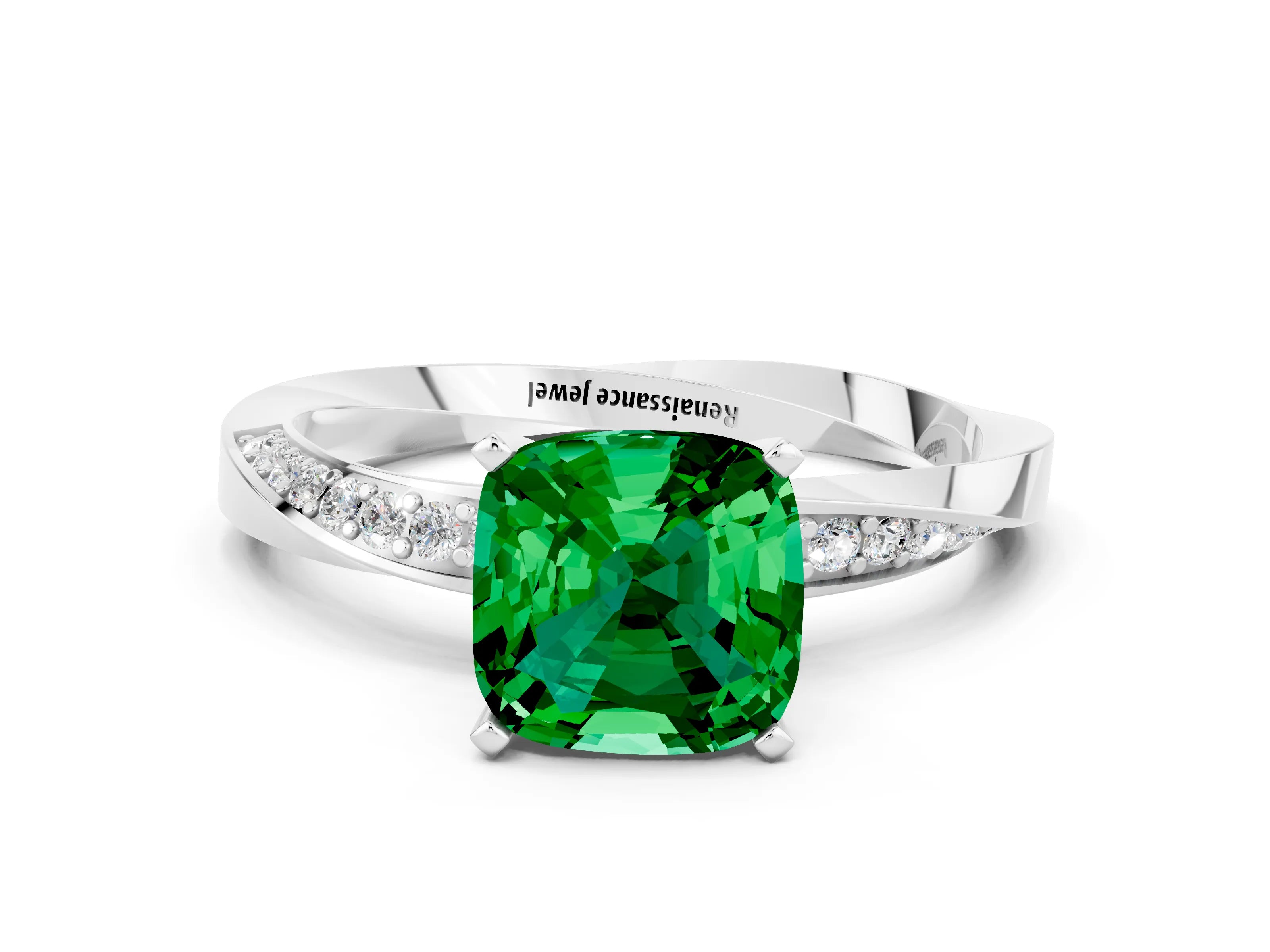 White gold Cushion Cut Emerald Engagement Ring with Side Stone Accents and Four-Prong Setting_39