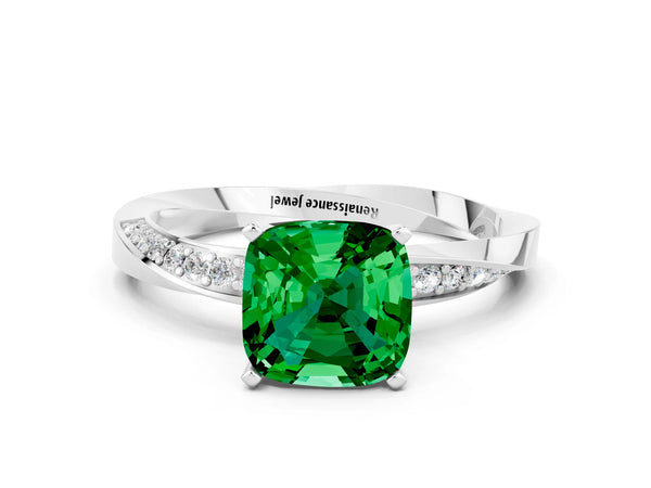 White gold Cushion Cut Emerald Engagement Ring with Side Stone Accents and Four-Prong Setting
