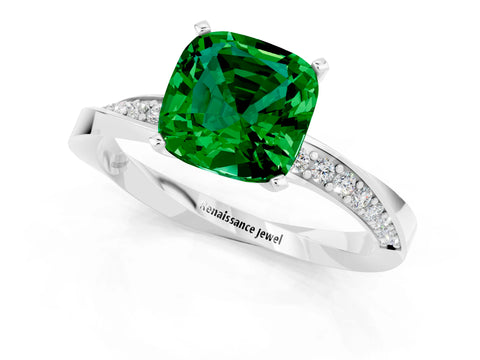 White gold Cushion Cut Emerald Engagement Ring with Side Stone Accents and Four-Prong Setting_40