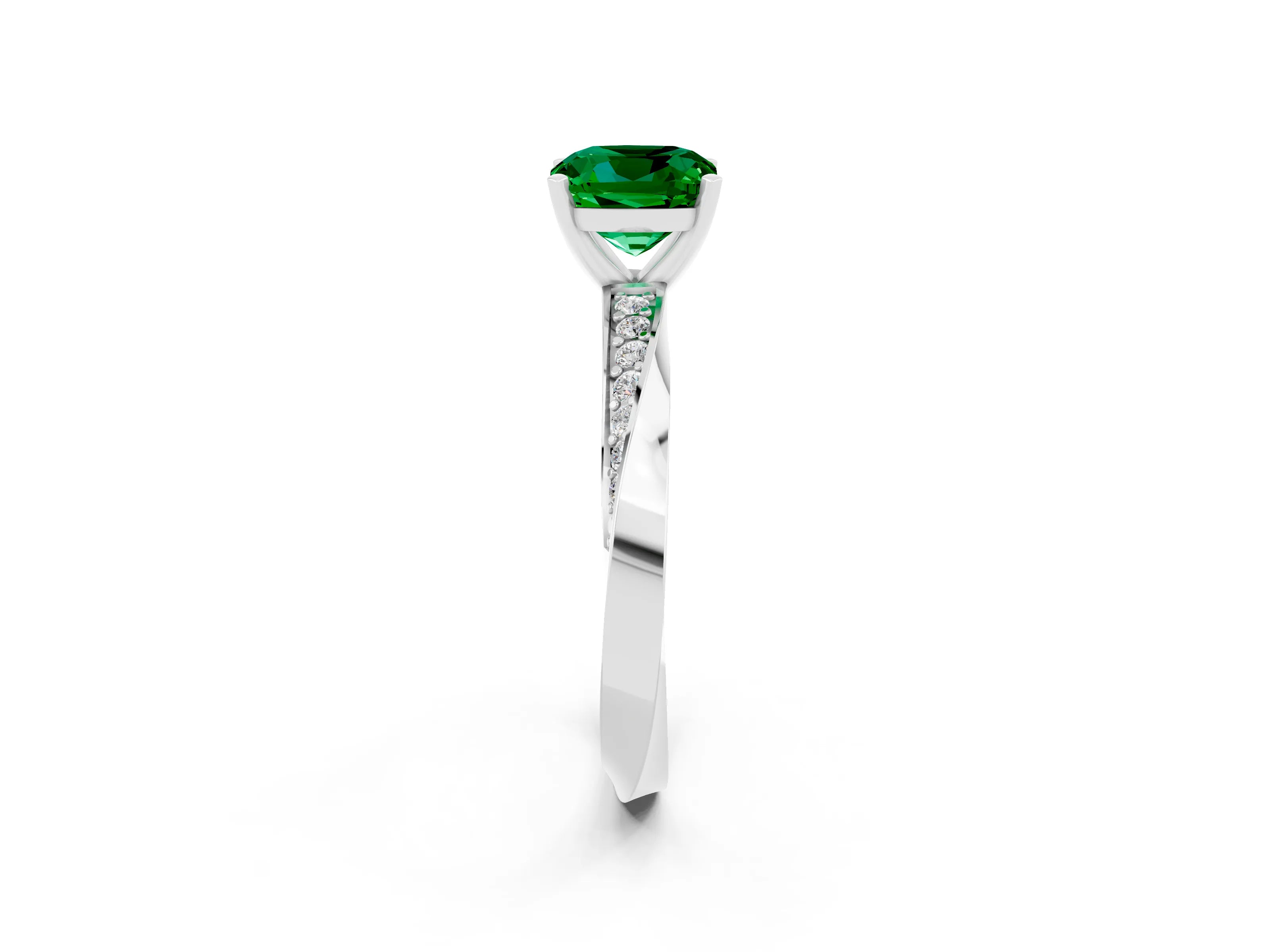 White gold Cushion Cut Emerald Engagement Ring with Side Stone Accents and Four-Prong Setting_41