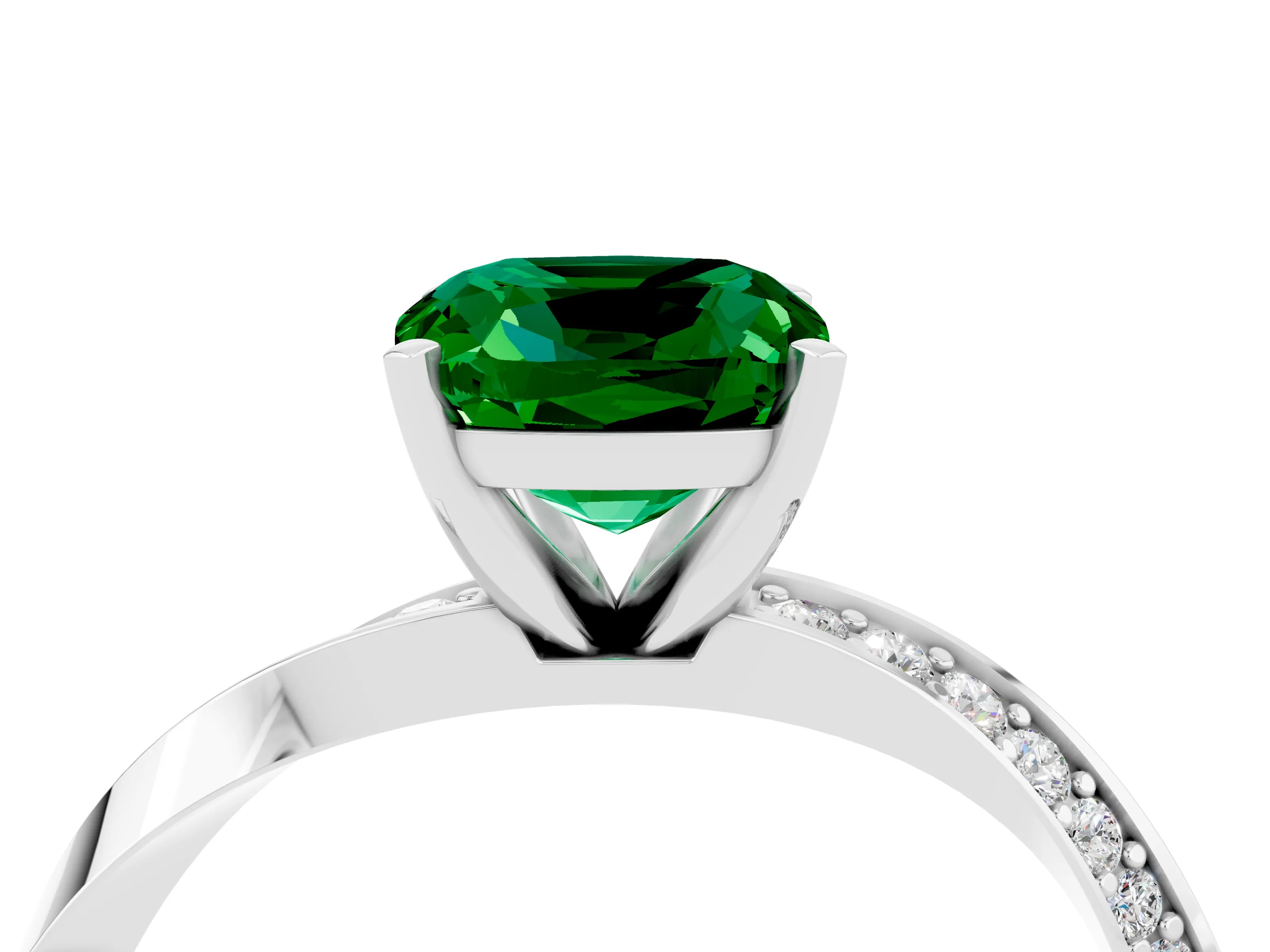 White gold Cushion Cut Emerald Engagement Ring with Side Stone Accents and Four-Prong Setting_43