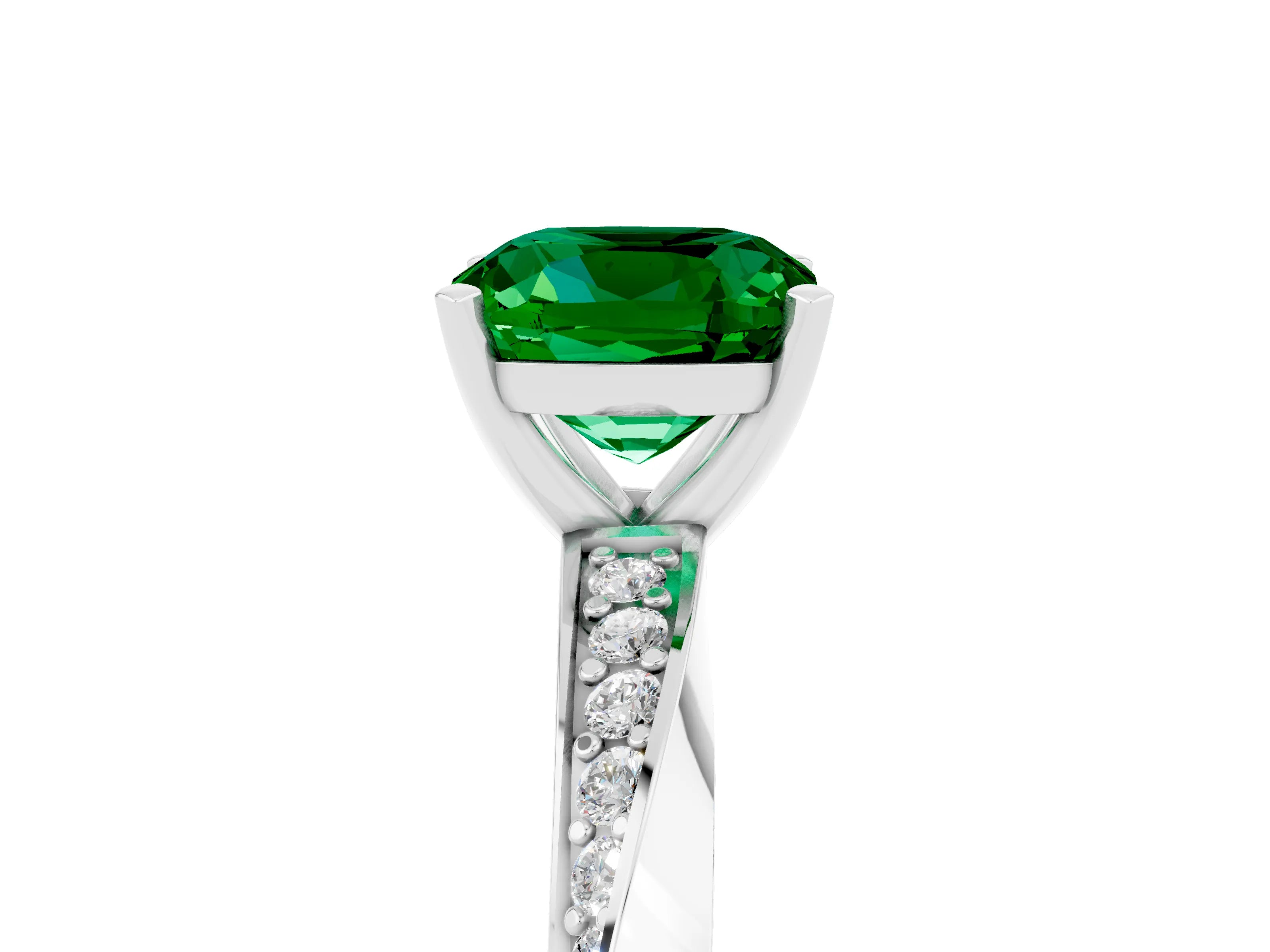 White gold Cushion Cut Emerald Engagement Ring with Side Stone Accents and Four-Prong Setting_44