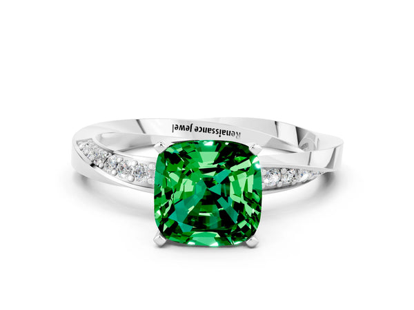 White gold Cushion Cut Emerald Engagement Ring with Side Stone Accents and Four-Prong Setting