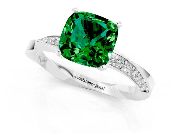 White gold Cushion Cut Emerald Engagement Ring with Side Stone Accents and Four-Prong Setting