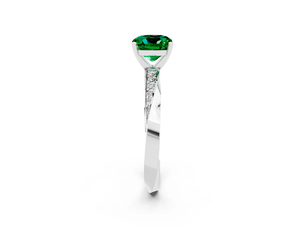 White gold Cushion Cut Emerald Engagement Ring with Side Stone Accents and Four-Prong Setting