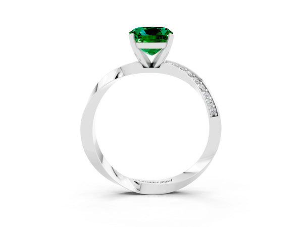 White gold Cushion Cut Emerald Engagement Ring with Side Stone Accents and Four-Prong Setting