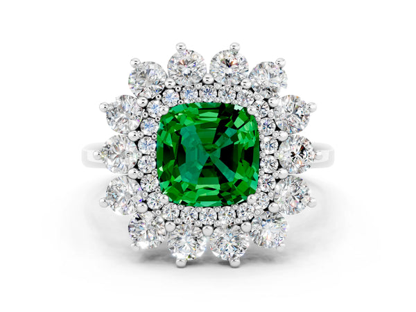 Silver Cushion Cut Emerald Floral Double Halo Engagement Ring with Prong Setting