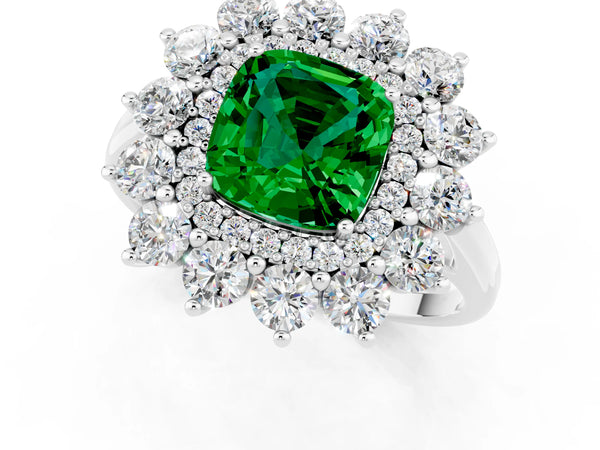 Silver Cushion Cut Emerald Floral Double Halo Engagement Ring with Prong Setting