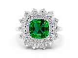 White gold Cushion Cut Emerald Floral Double Halo Engagement Ring with Prong Setting_97