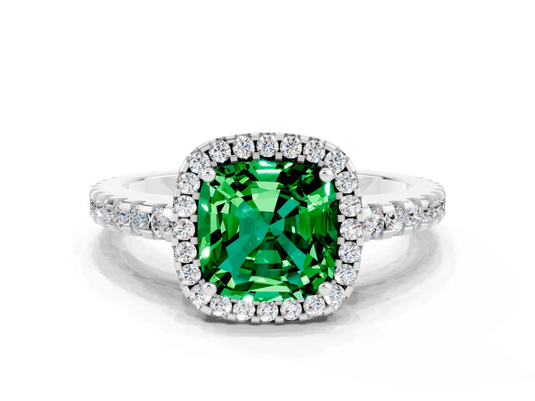 Platinum Cushion Cut Emerald Halo Engagement Ring with Pavé Band and Prong Setting