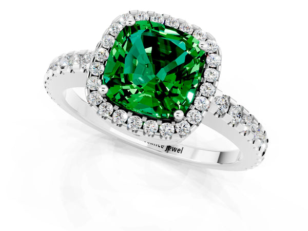 Platinum Cushion Cut Emerald Halo Engagement Ring with Pavé Band and Prong Setting