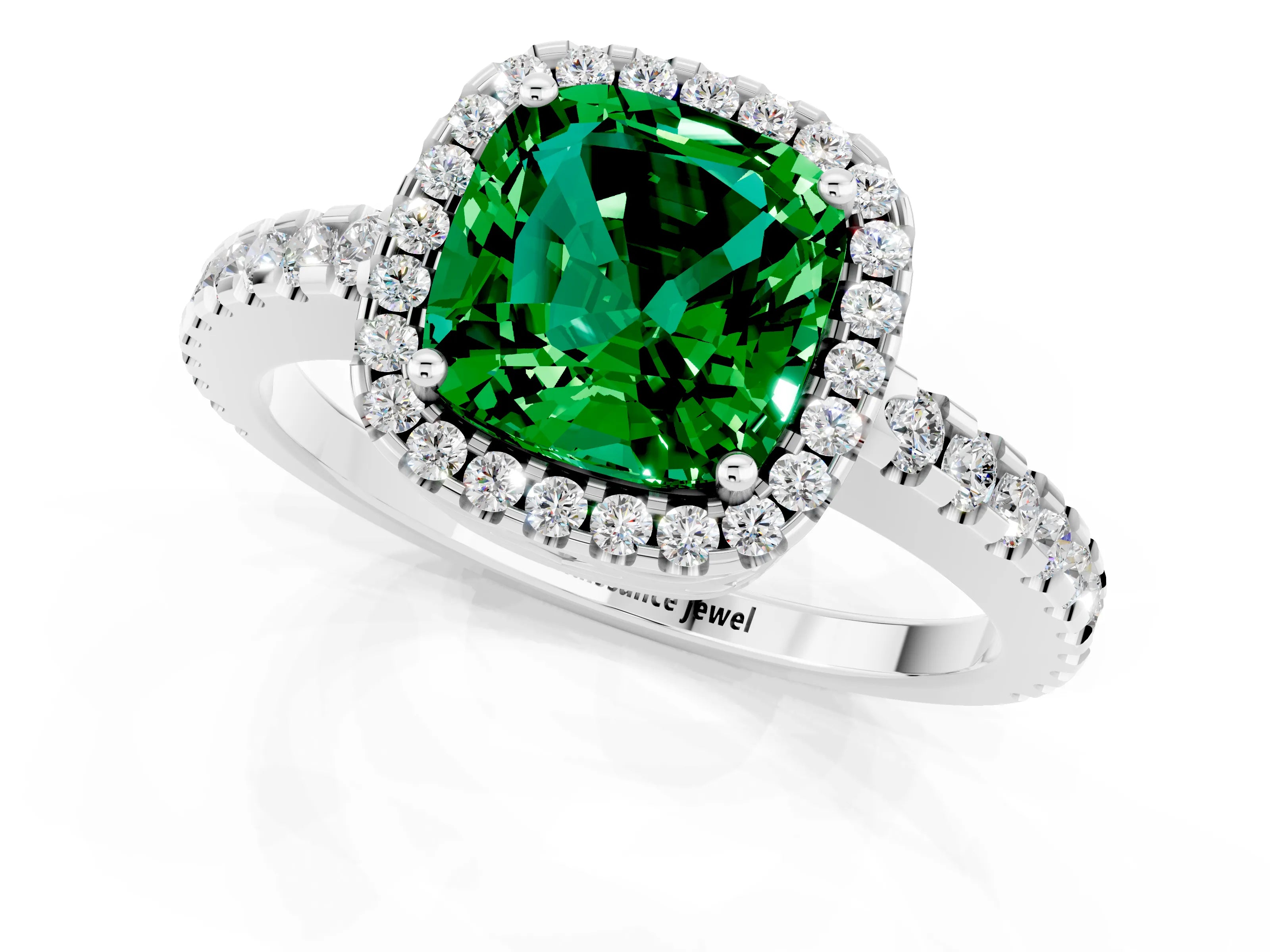 White gold Cushion Cut Emerald Halo Engagement Ring with Pavé Band and Prong Setting_13