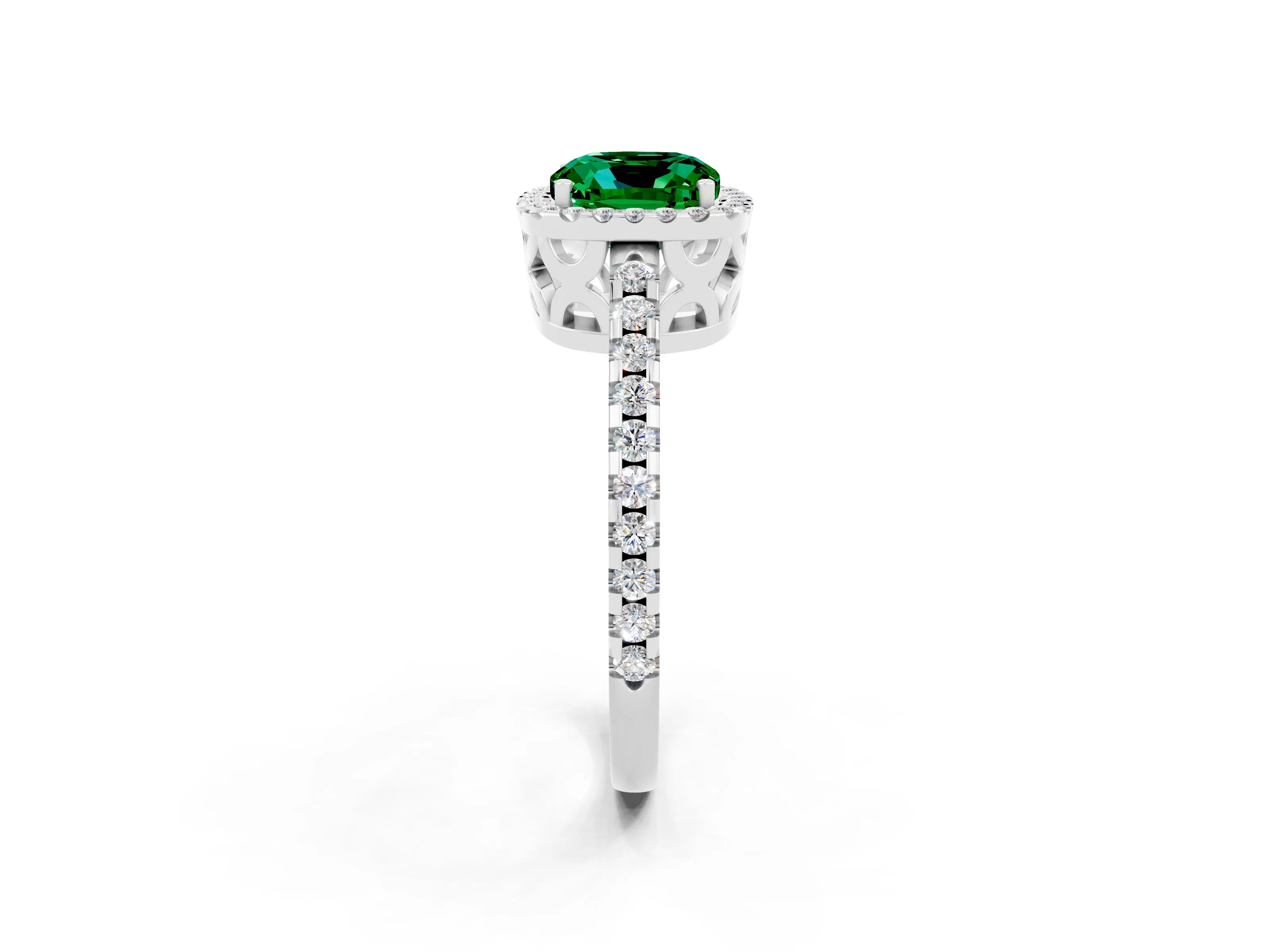 White gold Cushion Cut Emerald Halo Engagement Ring with Pavé Band and Prong Setting_14