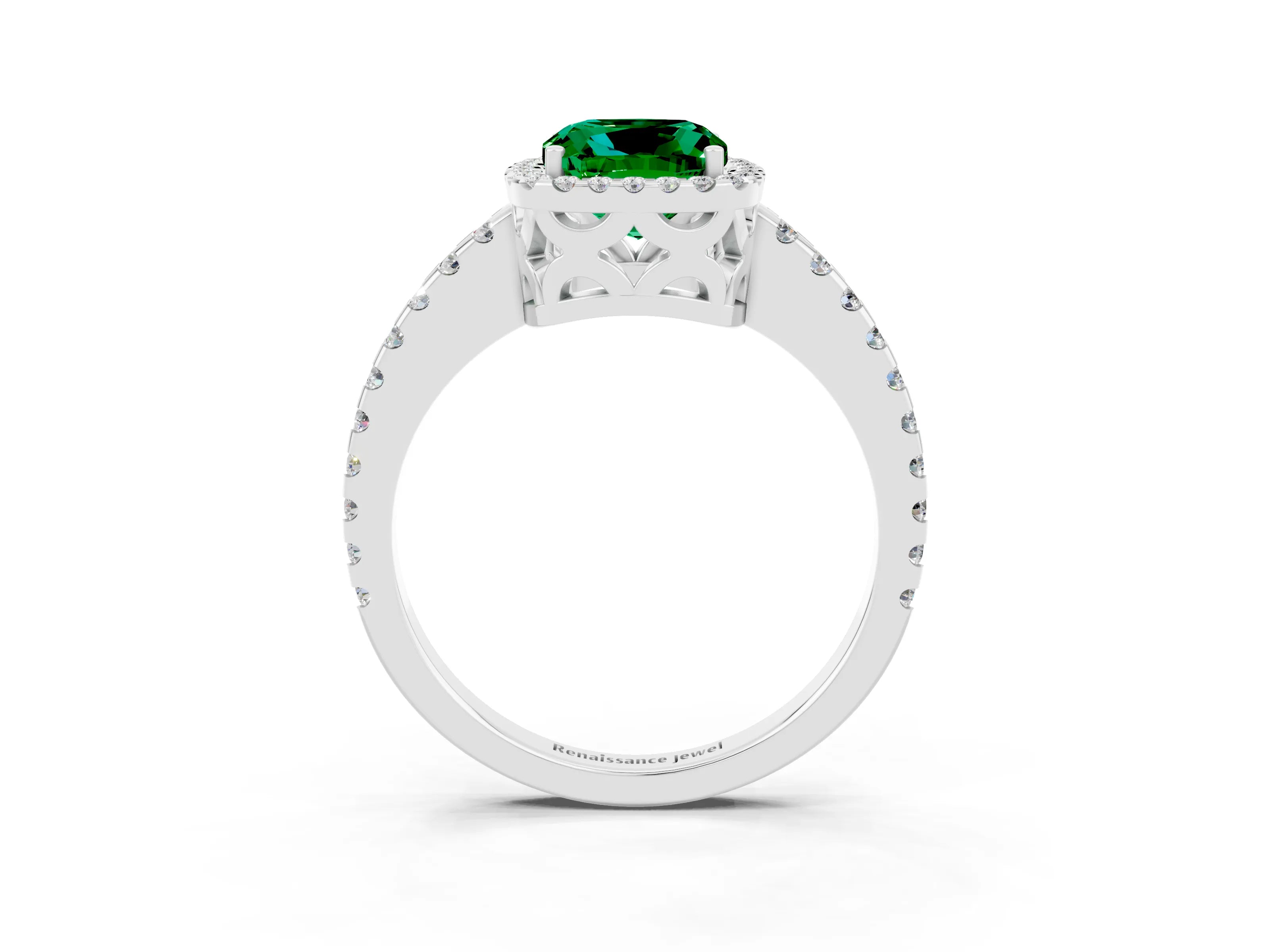 White gold Cushion Cut Emerald Halo Engagement Ring with Pavé Band and Prong Setting_15